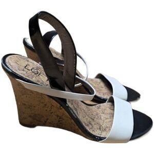 Ann Taylor LOFT Cork Wedge Sandals Women's Size 7M Black‎ White Slingback